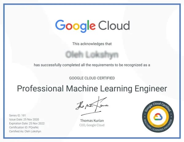 Google Professional Machine Learning Engineer certificate preview